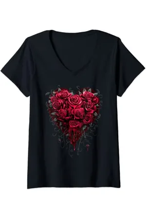 Spiral Damen Original - blutendes Herz - Gothic Rosen T-Shirt mit V-Ausschnitt