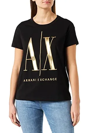 Armani Exchange Damen Ikone, Normale Passform, Maxi-Gold-Logo. T-Shirt, Black, XS