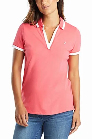 Nautica Damen Classic Fit Striped V-Neck Collar Stretch Cotton Polo Shirt Poloshirt, , Mittel