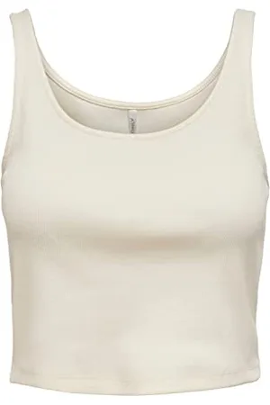 ONLY Damen Geripptes Crop Top | Kurzes Sleeveless Rundhals Oberteil | Bauchfrei Einfarbig ONLNESSA, Farben:Weiß, Größe:L