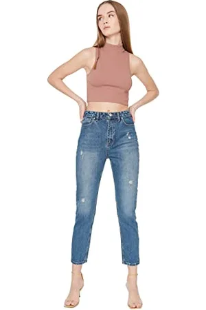 Trendyol Blauer Ausfransen detaillierte hohe Taille Mom Jeans, , 34