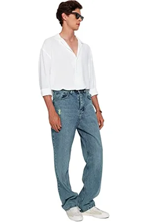 Trendyol Herren Herren Hoher Bund Wide Leg Jeans, Marineblau, 32 EU