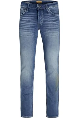 JACK & JONES Jeans Slim Fit Denim Stretch Hose mit Knopfleiste und braunen Nähten JJIGLENN JJICON, Farben:Blau,Größe Jeans:W28 L32,Z - Länge L30/32/34/36/38:L32