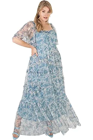Lovedrobe Damen Womens Plus Size Maxi Dress for Ladies Short Sleeve Flutter Ruffle Pull On High Waist Square Neckline Blue Summer Kleid, , 52 EU