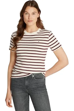 Tommy Hilfiger Damen T-Shirt Kurzarm Slim Cody Rundhalsausschnitt, Mehrfarbig (Fine Stp Calico/ Deep Rouge), XXS
