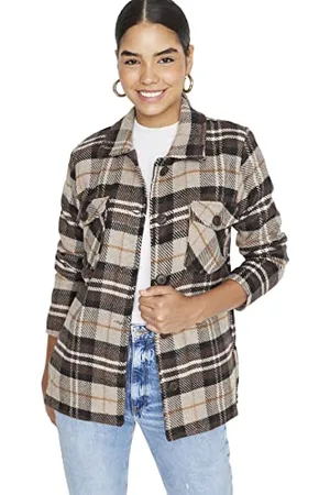 Trendyol Damen Damen Regular Basic Plaid Webstoff Mantel Coat, Braun, 42 EU