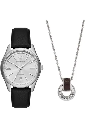 Emporio Armani Herren Schwarze Lederuhr und Halskette aus Edelstahl, Set