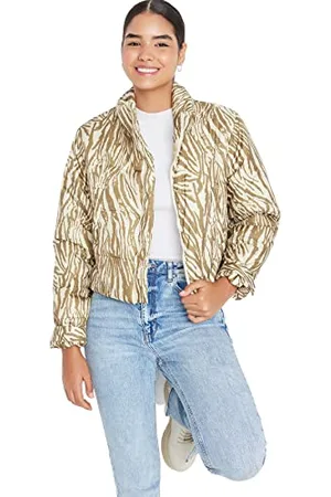 Trendyol Damen Damen Oversize Puffer Animal Print Webstoff Winterjacke Coat, Beige/Mehrfarbig, S EU