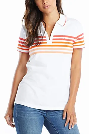 Nautica Damen Classic Fit Striped V-Neck Collar Stretch Cotton Polo Shirt Poloshirt, , Groß