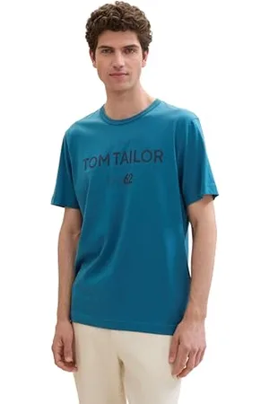 TOM TAILOR Herren Basic T-Shirt mit Logo-Print, Moss Blue, XL