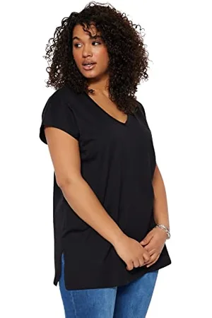 Trendyol Damen Women Plus Size Relaxed fit Boyfriend V Neck Knit Plus Size T-Shirt Damen Plus Size Relaxed Fit Boyfriend V-Ausschnitt Strick Plus Size T-Shirt, Black