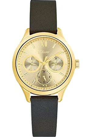 QS by s.Oliver Armbanduhr Damen Multifunktion Analog, mit Leder Armband, Gold, 5 bar Wasserdicht, Multifunktion, Kommt in Uhren Geschenk Box, 2034606