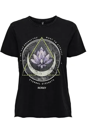 ONLY Damen Bedrucktes T-Shirt | Kurzarm Basic Rundhals Top mit Schrift | Printed Shortsleeve ONLLUCY, Farben:Schwarz-2, Größe:L
