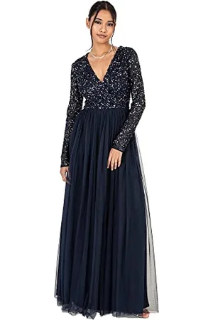 Maya Deluxe Damen Ladies Maxi Dress For Women With Long Sleeves V Neckline Plunging Sequin Embellished For Wedding Gue Kleid, , 54 EU