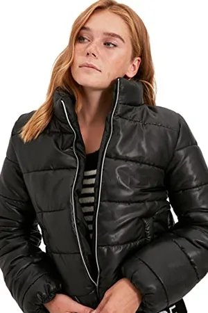 Trendyol Damen Black Zip Closure, Steep Collar, Inflatable Harvest Vouchers Coat, , S EU