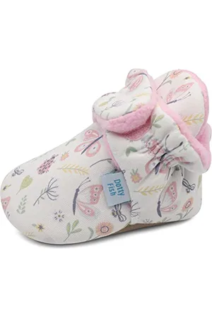 Dotty Fish Baby Stiefel für den Winter - Warme, rutschfeste Krabbelschuhe aus Baumwolle mit Wildeledersohle. Rosa mit Bienen und Schmetterlingen. 0-6 Monate