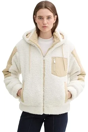 TOM TAILOR Damen 1042881 Teddy Jacke mit Stehkragen und Kapuze, 36088-Light Cream Beige, S