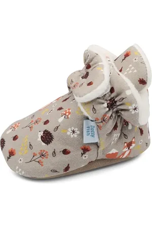 Dotty Fish Baby Stiefel für den Winter - Warme, rutschfeste Krabbelschuhe aus Baumwolle mit Wildeledersohle. Braun mit Waldtieren. 6-12 Monate