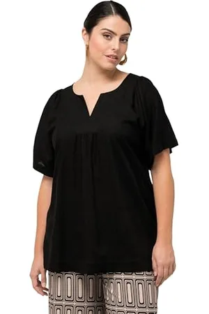 Ulla Popken Damen, Leinenmix, A-Linie, Tunika-Ausschnitt, Halbarm Bluse, , 46-48