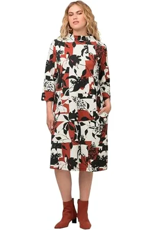 Ulla Popken Damen Sweatkleid mit Kragen und Blätterdruck Kleider, , 54-56