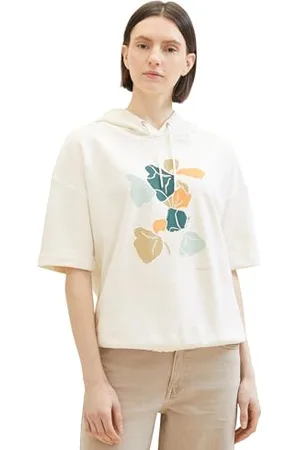 TOM TAILOR Damen Sweatshirt mit Print & Kapuze, Whisper White, L