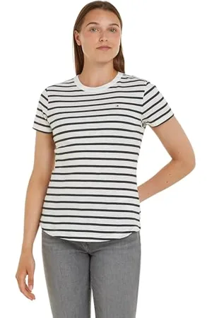 Tommy Hilfiger Damen T-Shirt Kurzarm 1985 Slub Slim Fit, Mehrfarbig (Breton Ecru/Desert Sky), XXS