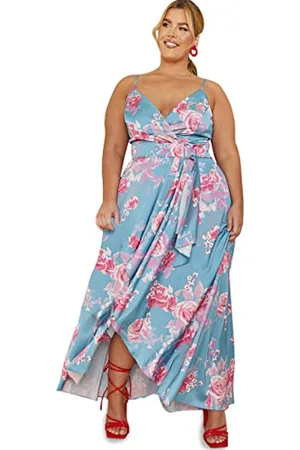 Chi Chi London Damen Plus Size Cami Floral Wrap Midi Dip Hem Dress in Green Cocktailkleid, 26