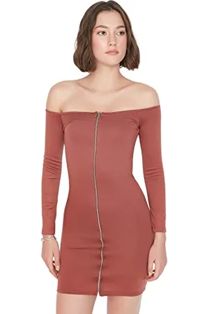 Trendyol Damen Woman Mini Bodycon Asymmetrischer Kragen Gestrickt Kleid, , XL EU