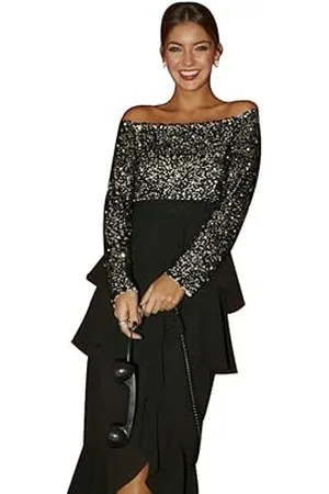 Little Mistress Damen Amirah Midikleid mit Bardot-Rüschen, verziert, Größe 34, Kleid, 32