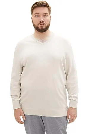 TOM TAILOR Herren 1039938 Basic Strickpullover mit V-Ausschnitt, 32715-vintage beige Grey Melange, 5XL