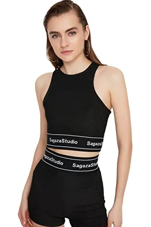 Trendyol X Sagaza Studio Black Glitter Reifend detaillierte gestrickte Bustier, , 40