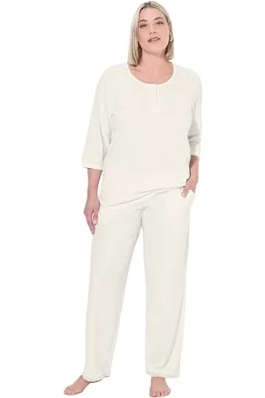 Ulla Popken Damen Pyjama, Lochstickerei, Rundhals, Zierfalte, 3/4-arm Pyjamaset, , 46-48 EU