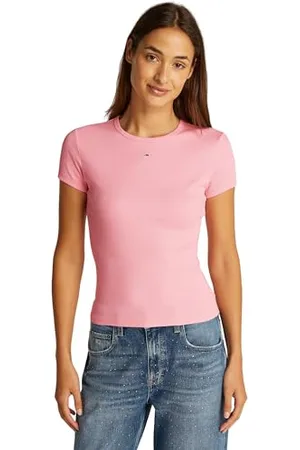 Tommy Hilfiger Damen T-Shirt Kurzarm Essential Rib Slim Fit, Rosa (Pink Sugar), S