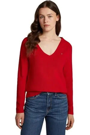 Tommy Hilfiger Damen Pullover Cardi Fine V-Ausschnitt, Rot (Primary Red), S