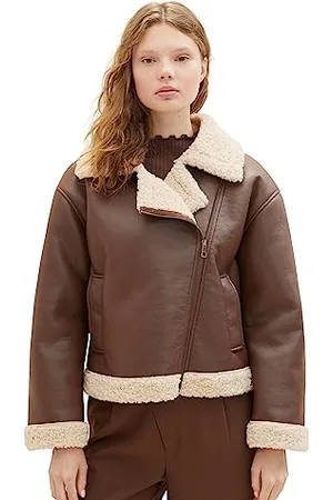 TOM TAILOR Damen 1038689 Sherling Lederjacke, 19714-roasted Coffee Brown, L