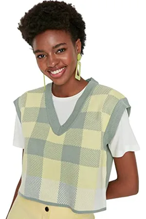 Trendyol Damen V-neck, Chequered Regular Knitted Vest Sweater, Mint, S EU