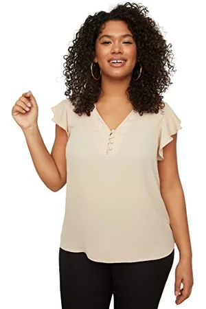 Trendyol Damen Woman Regular Standard V Neck Woven Plus Size Blouse Hemd, Stone, 44