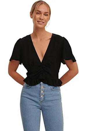 NA-KD Damen Front Rouching Frill Top Blouse, Black, EU 42