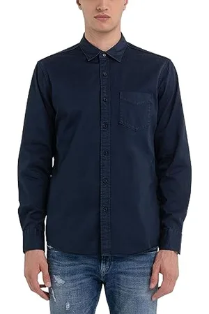 Replay Herren Hemd Langarm aus Baumwollmix, (Blau), XXL