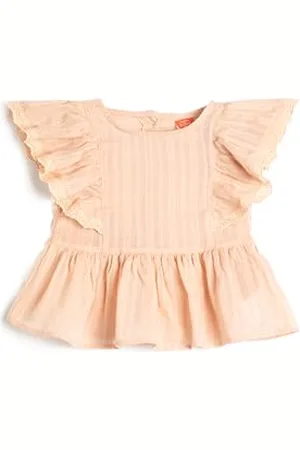 Koton Babygirl Blouse Short Sleeve Crew Neck Textured Pleated Guipure Cotton