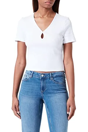 Noisy May Damen Kurzes RIPP Oberteil Slim Fit T-Shirt mit Cut-Out V-Ausschnitt Kurzarm Top NMMAYA, Farben:Weiß-2, Größe:L