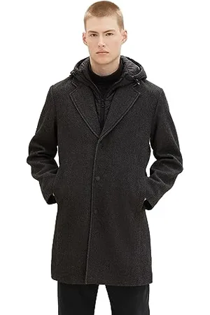 TOM TAILOR Herren 2-in-1 Wollmantel mit abnehmbarer Innenjacke, black grey twill structure, M