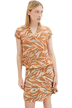 TOM TAILOR Damen Kurzarm-Bluse mit Muster , brown abstract leaf design, 32