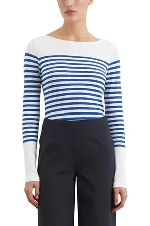 Marc O’ Polo Marc OߴPolo Damen Langarmshirt aus Bio-Baumwolle mit U-Boot-Ausschnitt, Mehrfarbig (Multi/Shiny Blue/Placed STRI), L