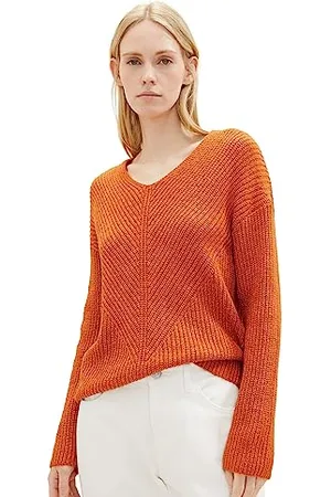 TOM TAILOR Damen 1039242 Basic Pullover mit V-Ausschnitt, 32403-gold Flame orange Melange, XXL