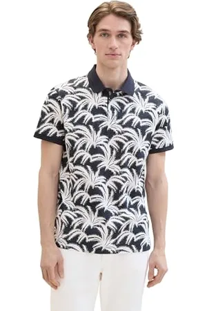 TOM TAILOR Herren Basic Poloshirt mit sommerlichem Allover-Print, navy white leaf design, L