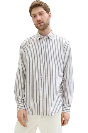 TOM TAILOR Herren Regular Fit Hemd mit Streifen, navy beige structure stripe, XL