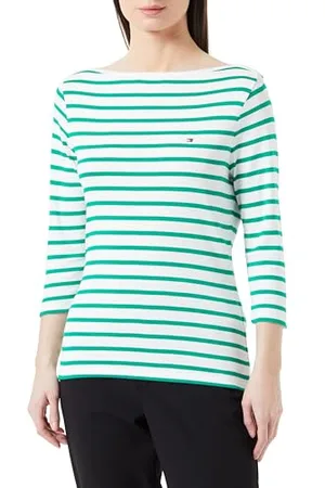 Tommy Hilfiger Damen Langarmshirt Slim U-Boot-Ausschnitt, Mehrfarbig (Breton Ecru/Olympic Green), XXS