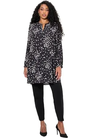 Ulla Popken Damen große Größen Übergrößen Plus Size Longtunika, Tupfen, Tunika-Ausschnitt, Zierfalte, Langarm