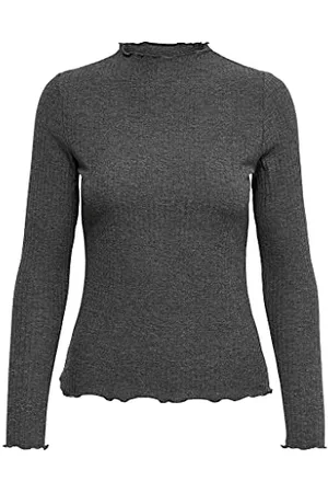 ONLY Damen Dünnes Langarm Shirt | Geripptes Stehkragen Basic Longsleeve ONLEMMA | Gewelltes Oberteil, Farben:Dunkelgrau, Größe:M